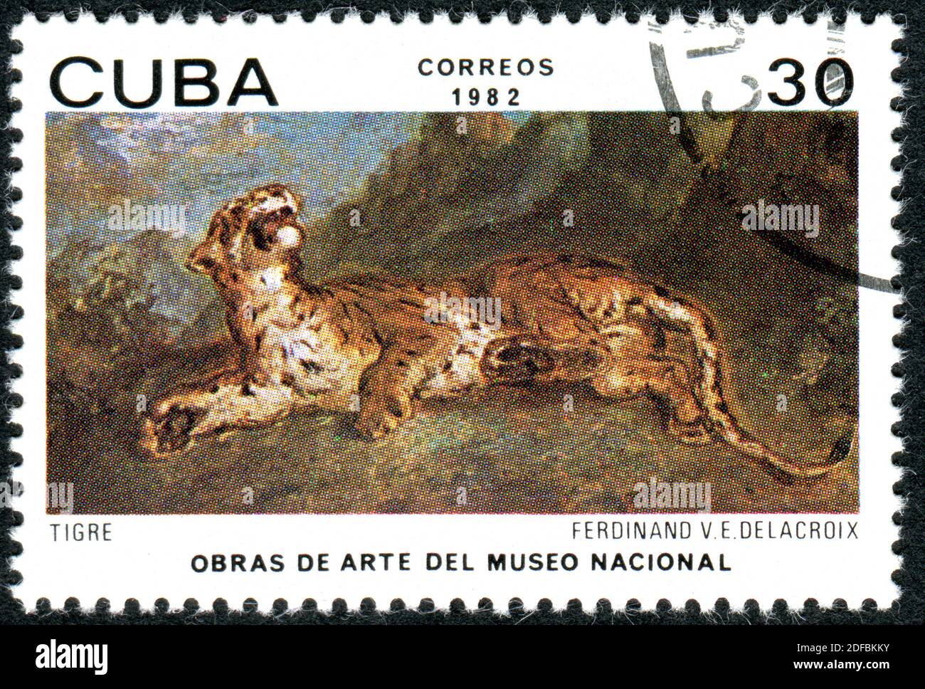 CUBA - VERS 1982 : un timbre imprimé à Cuba, montre la peinture de 'Tiger', par l'artiste Ferdinand Victor Eugene Delacroix, vers 1982 Banque D'Images