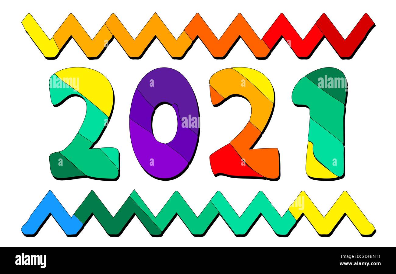 2021. Multicolore lumineux drôle de dessin animé isolé inscription et éléments de conception. Lettres colorées, vague. 2021 pour le web, brochure, affiche, bannière, prospectus Illustration de Vecteur
