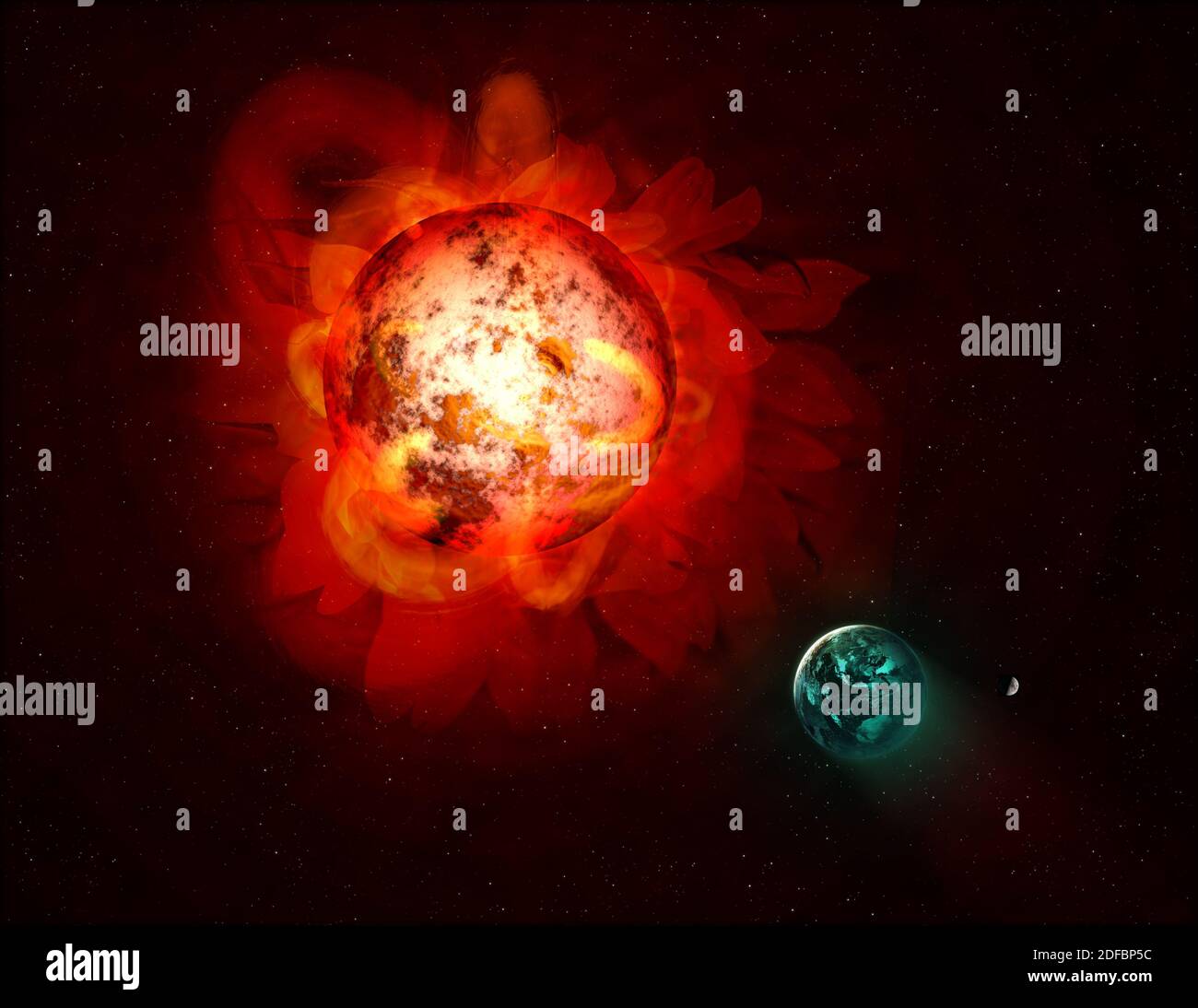 Le soleil se présente sous la forme d'une fleur rouge géante avec des pétales comme proéminence solaire et planète Terre. Collage conceptuel, éléments de cette image fournis par Banque D'Images