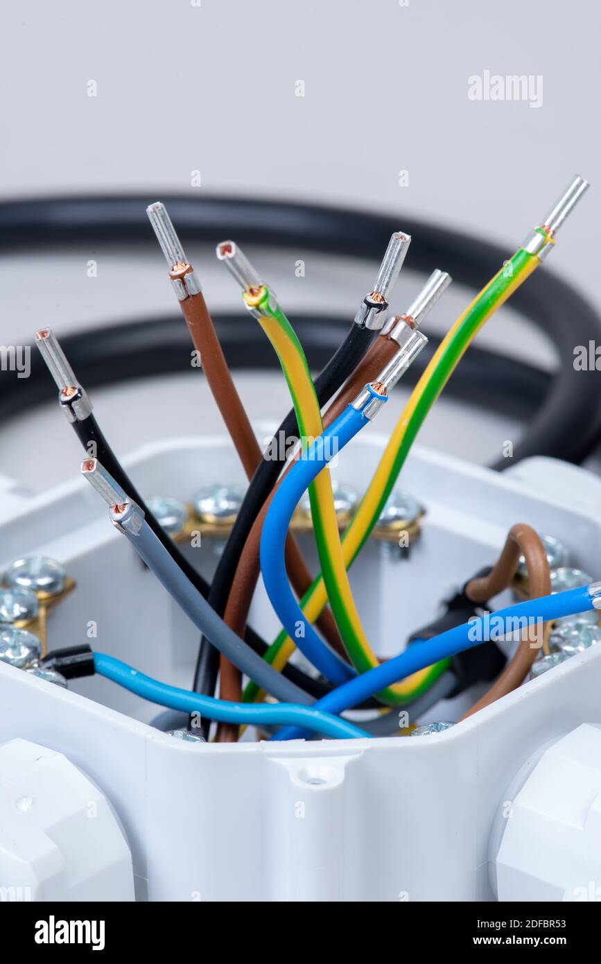 Boîtier de raccordement électrique avec gros plan des câbles Banque D'Images