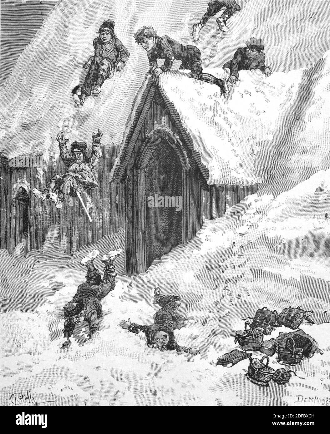 Enfants jouant à Snow Iceland (Engr Castelli 1884) Gravure ou illustration vintage Banque D'Images