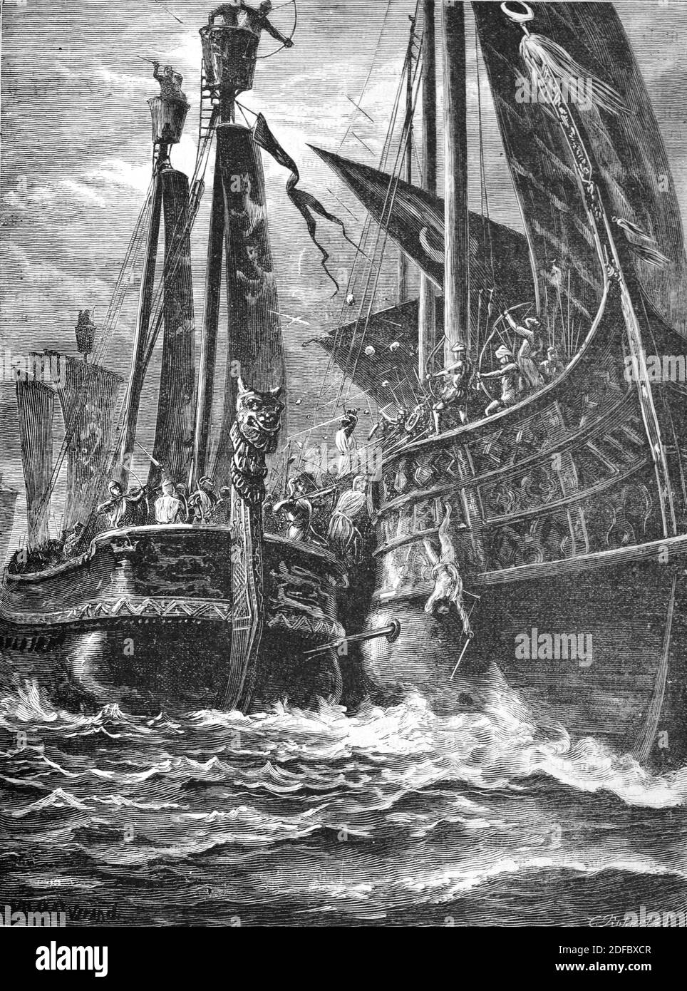 Bataille navale entre les navires de Croisés ou les navires de guerre de Crusader et les Arabes Ou Arab Ships (Engr Castelli 1884) Vintage Illustration ou gravure Banque D'Images