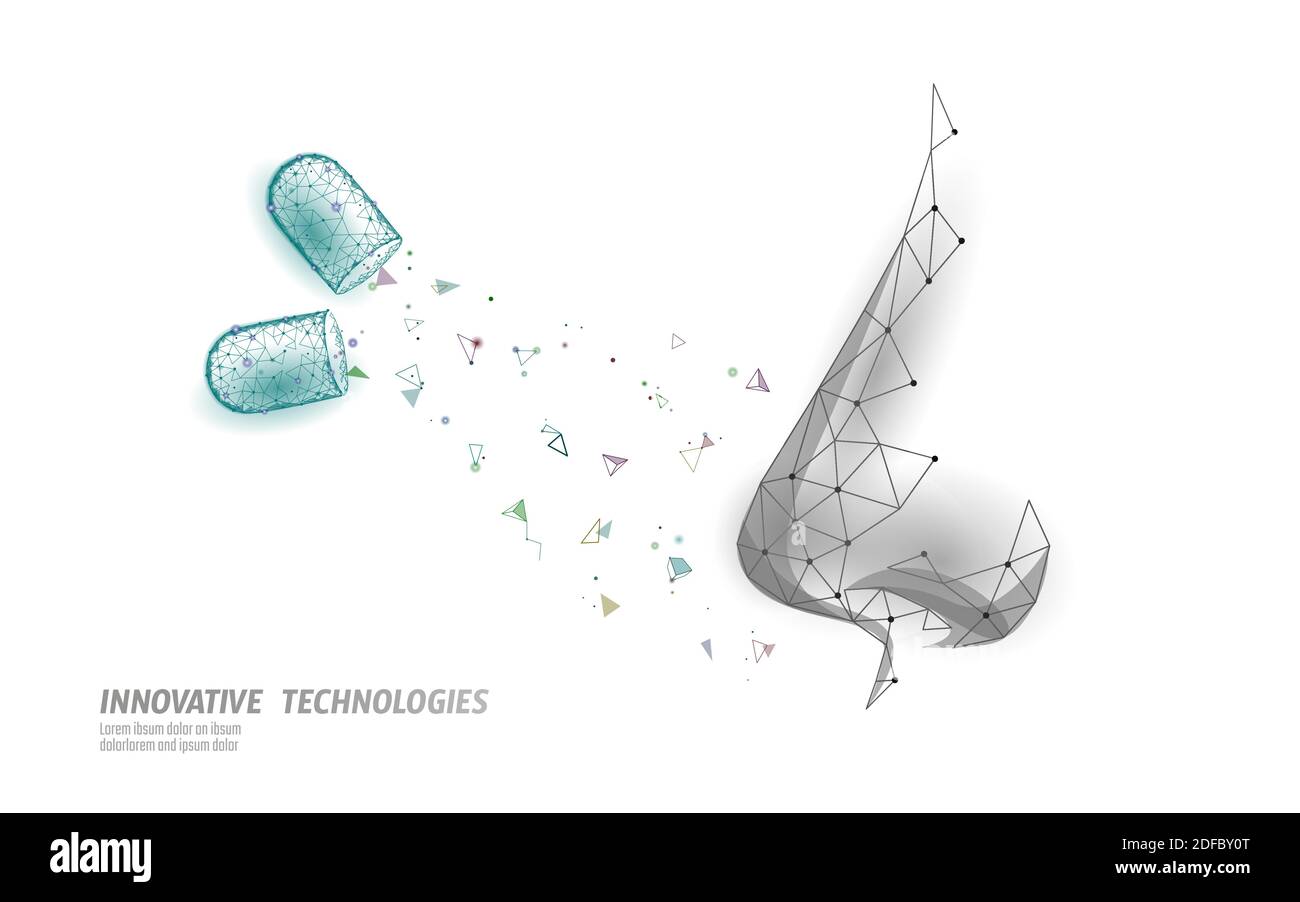 Rhinite nez faible poly . Traitement médecine coryza. Vaporisateur nasal liquide de pharmacie. Illustration vectorielle de modèle de bannière de conception polygonale Illustration de Vecteur