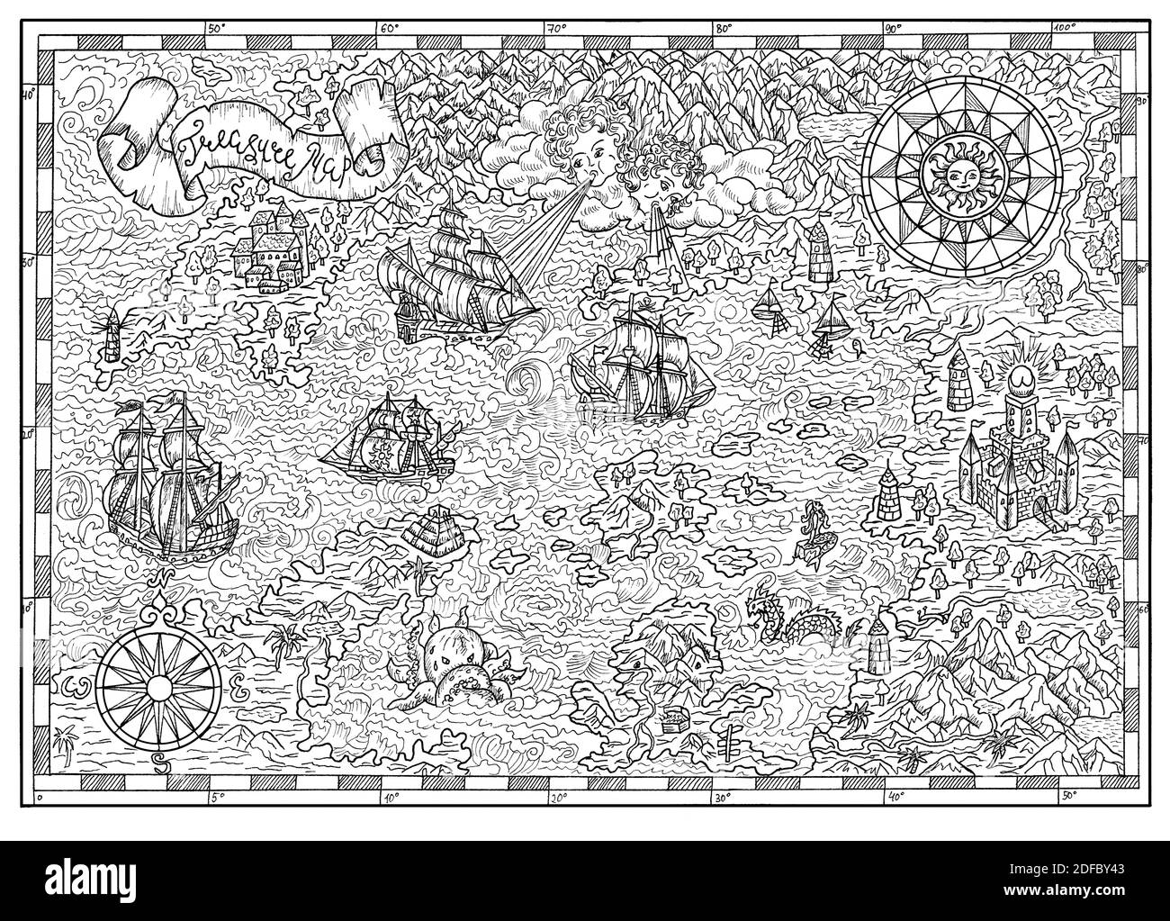 Carte des anciens pirates avec les vieux voiliers de pirates, les îles du Trésor. Arrière-plan antique décoratif avec carte nautique, concept de chasse aux trésors d'aventure Banque D'Images
