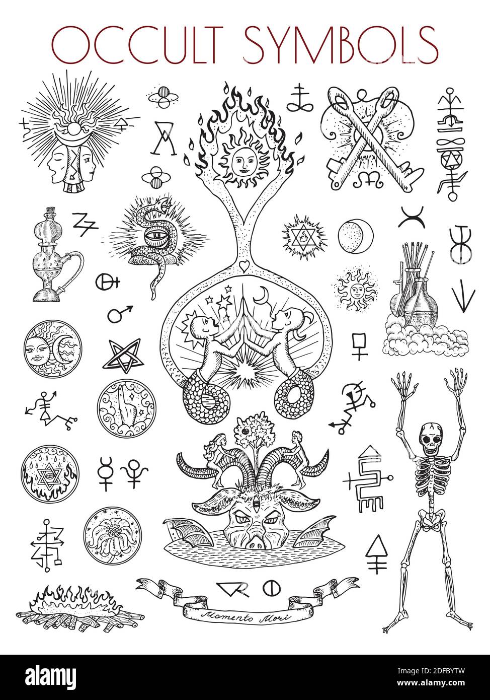Illustration gravée de vecteur occulte et ésotérique, concept tattoo gothic et wicca avec symboles mystiques. Illustration de Vecteur