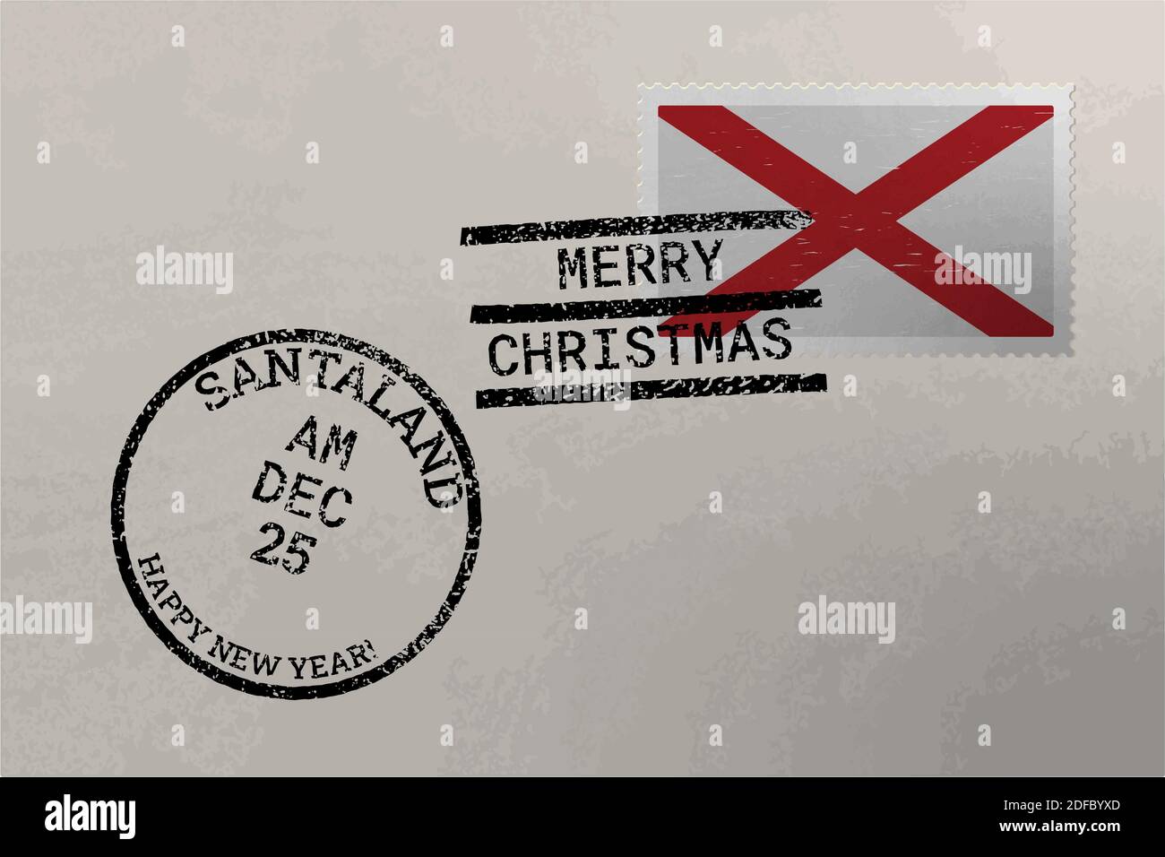 Enveloppe de timbre-poste avec drapeau américain Alabama et timbres de Noël et du nouvel an, vecteur Illustration de Vecteur