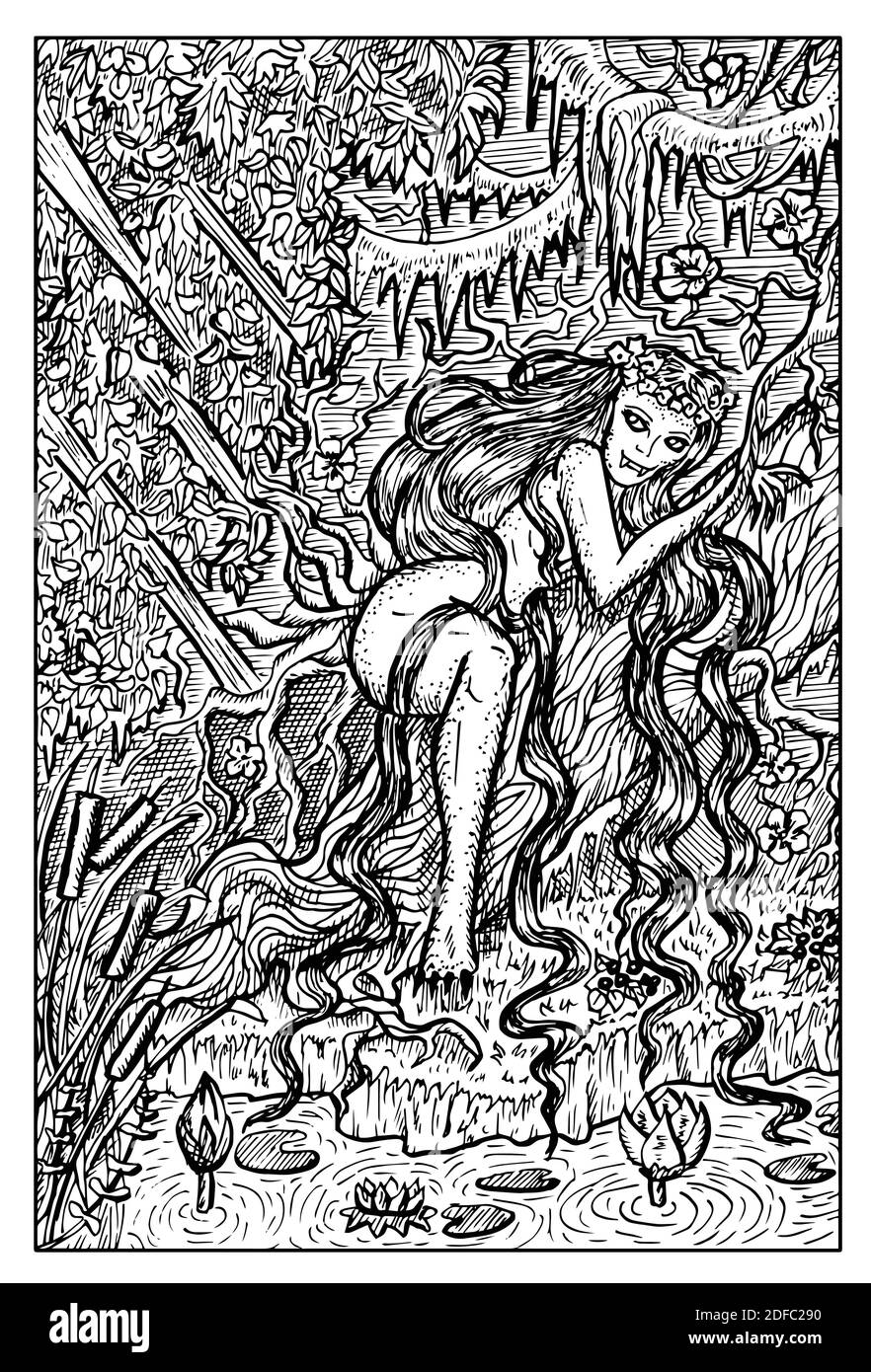 Genny Greenteeth. Illustration fantaisie noire et blanche gravée avec créatures et personnages mythologiques Illustration de Vecteur