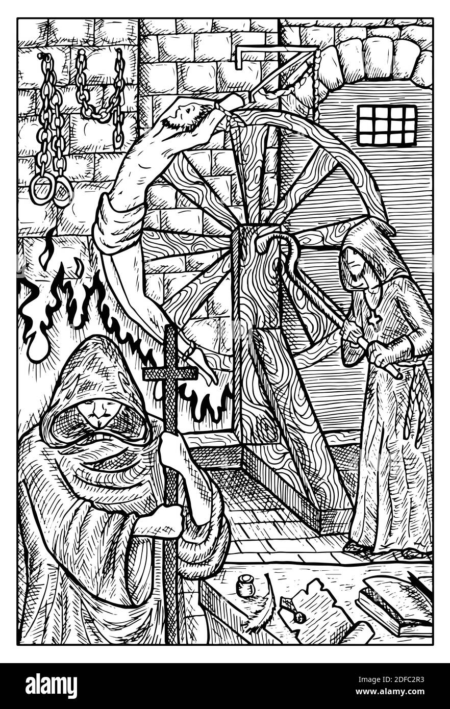 Inquisitor. Illustration fantaisie noire et blanche gravée avec créatures et personnages mythologiques Illustration de Vecteur
