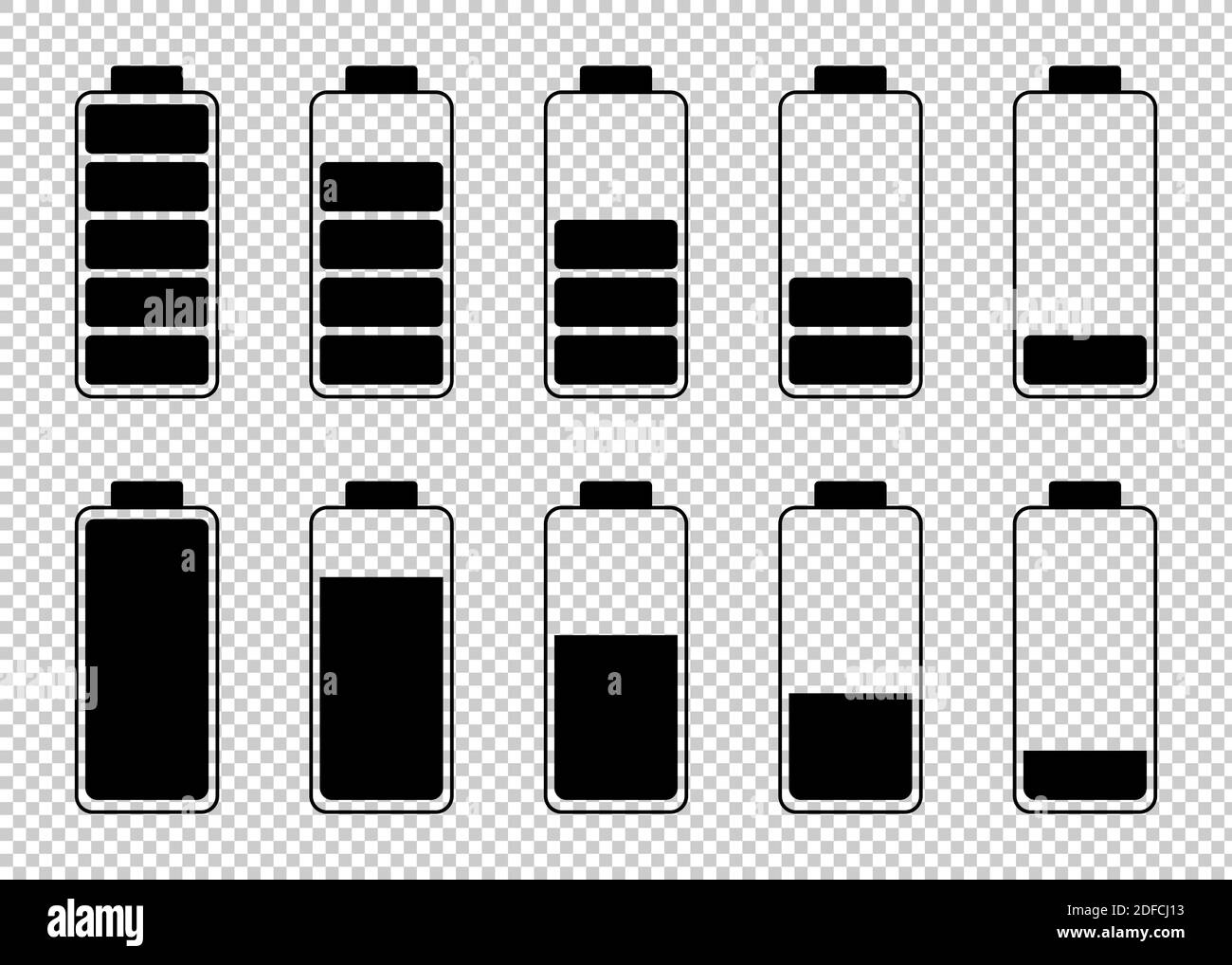 Ensemble d'indicateurs de niveau de charge de la batterie noirs sur fond transparent. Illustration de Vecteur Ensemble d'indicateurs de niveau de charge de la batterie noirs sur fond transparent. Illustration de Vecteur