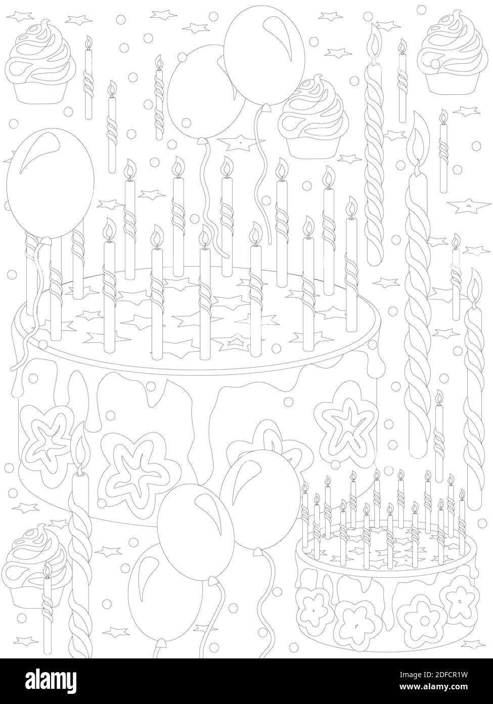Page de coloriage sur le thème des vacances - gâteaux, gâteaux, bougies et ballons Illustration de Vecteur