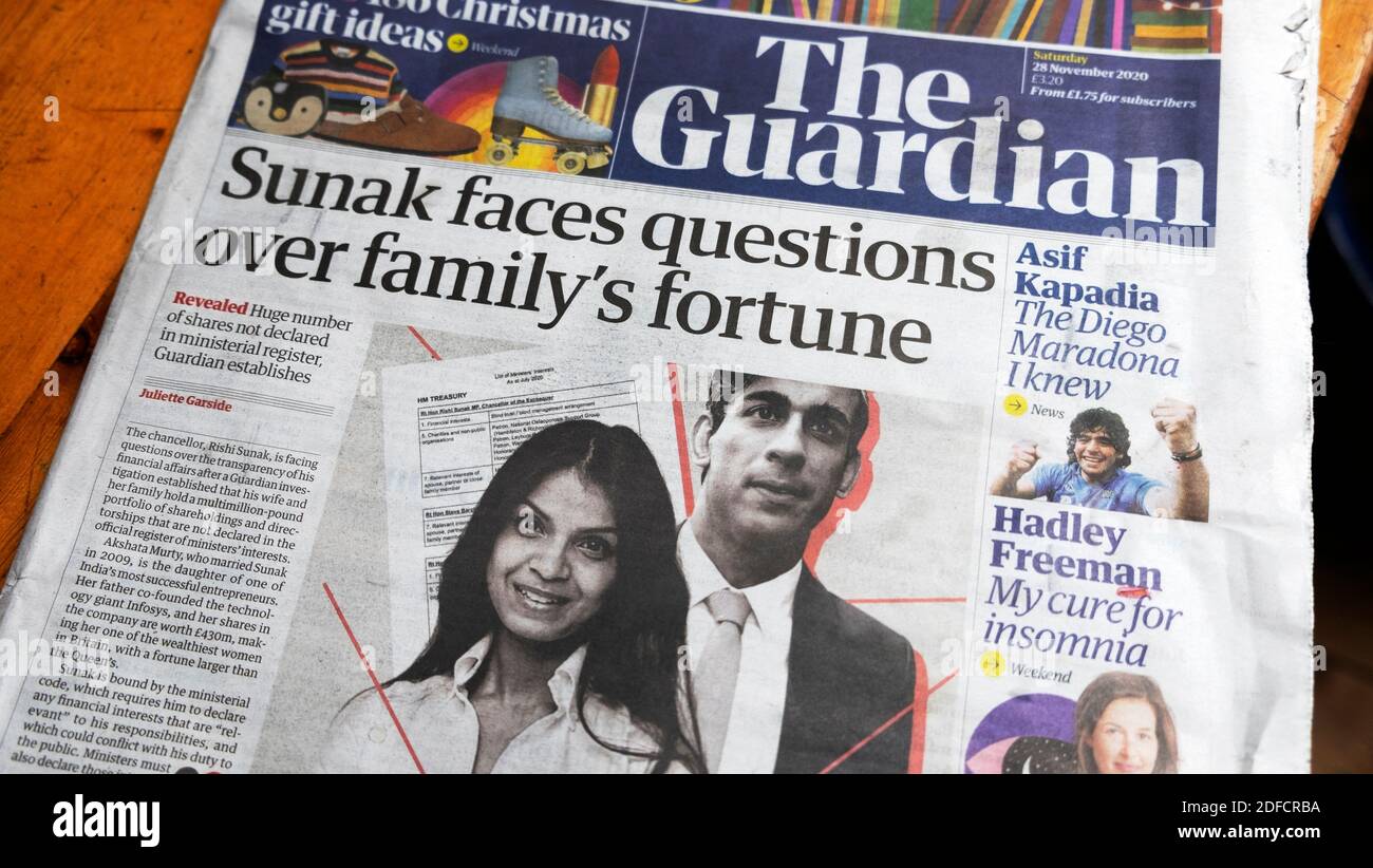 Rishi 'Sunak fait face à des questions sur la fortune de la famille' le journal Guardian Titre de la page le 28 novembre 2020 à Londres Angleterre Royaume-Uni Banque D'Images