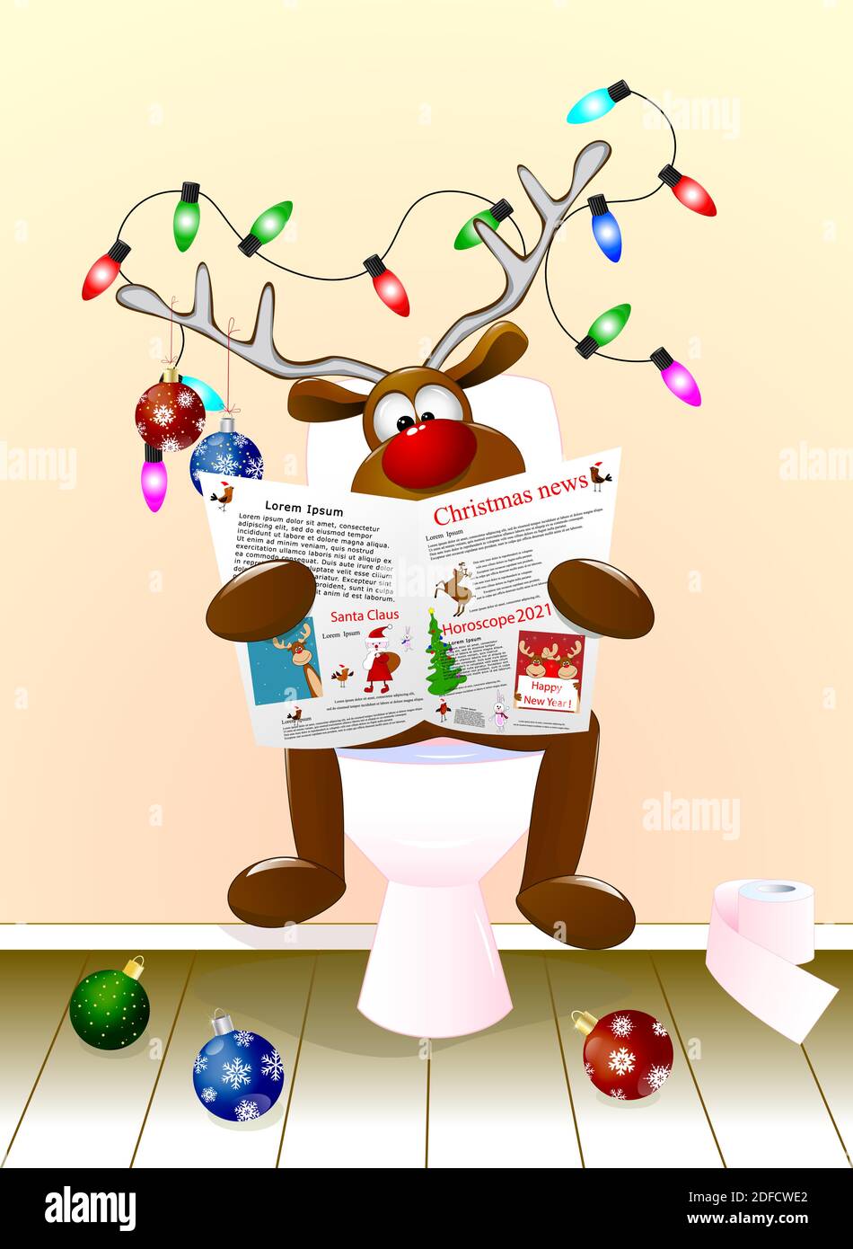 Un cerf de bande dessinée lisant un journal assis sur un bol de toilettes. Les bois sont décorés de boules de Noël et d'une guirlande lumineuse. Noël. Illustration de Vecteur