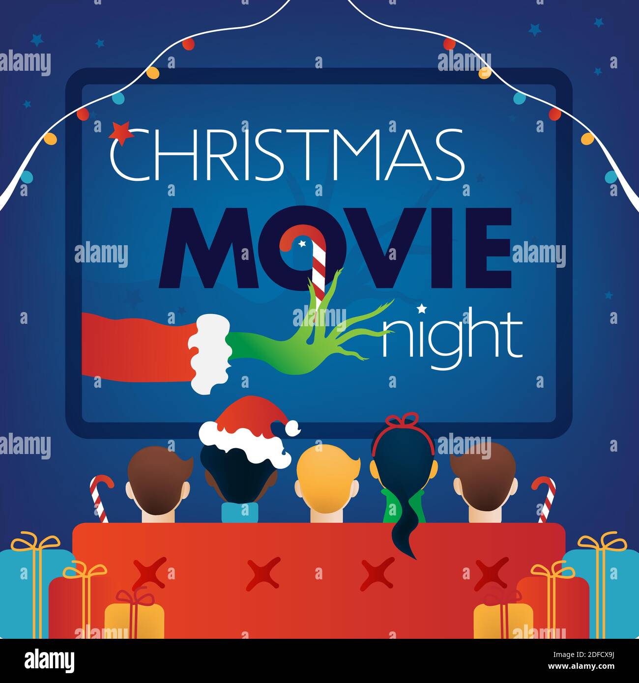 Couverture carrée de nuit de Noël, fête de télévision pour enfants. Enfants, cadeaux, canapé, écran sur fond bleu. Illustration vectorielle, dépliant du site Web, invitation Illustration de Vecteur