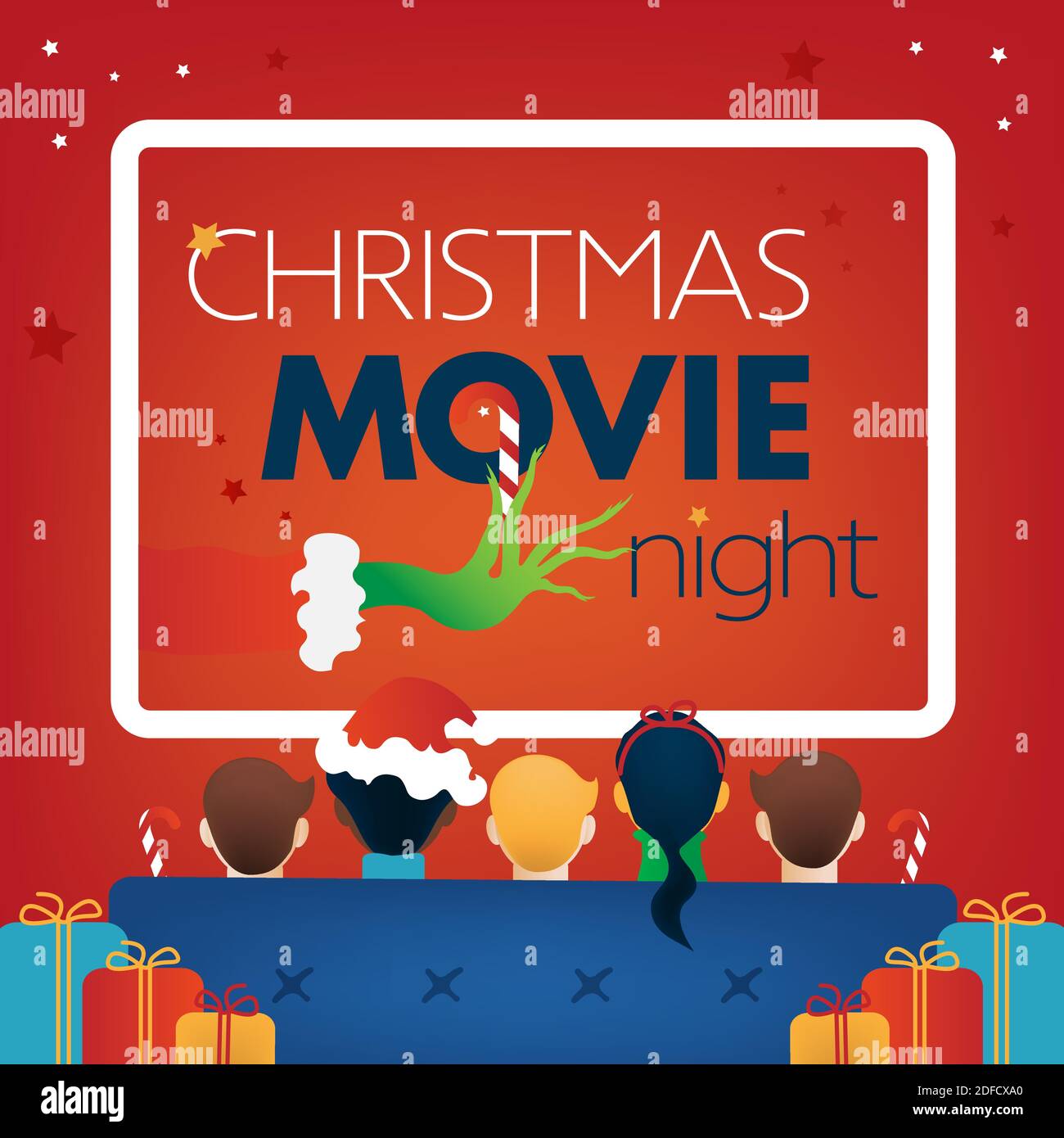 Couverture carrée de nuit de Noël, fête de télévision pour enfants. Enfants, cadeaux, canapé, écran sur fond rouge. Illustration vectorielle, dépliant du site Web, invitation Illustration de Vecteur