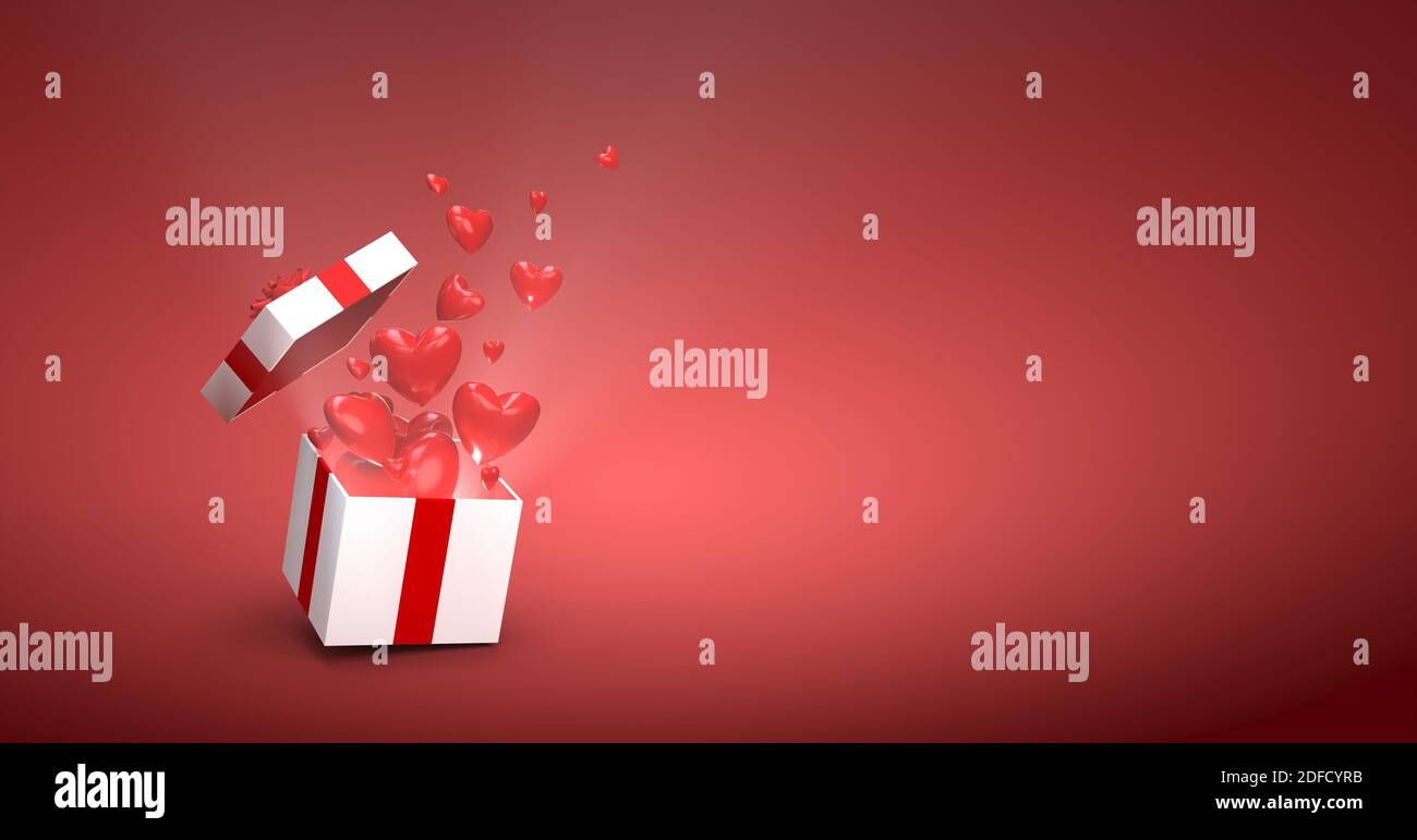 Les cœurs sortent d'un cadeau ouvert sur fond rouge - rendu 3D Banque D'Images