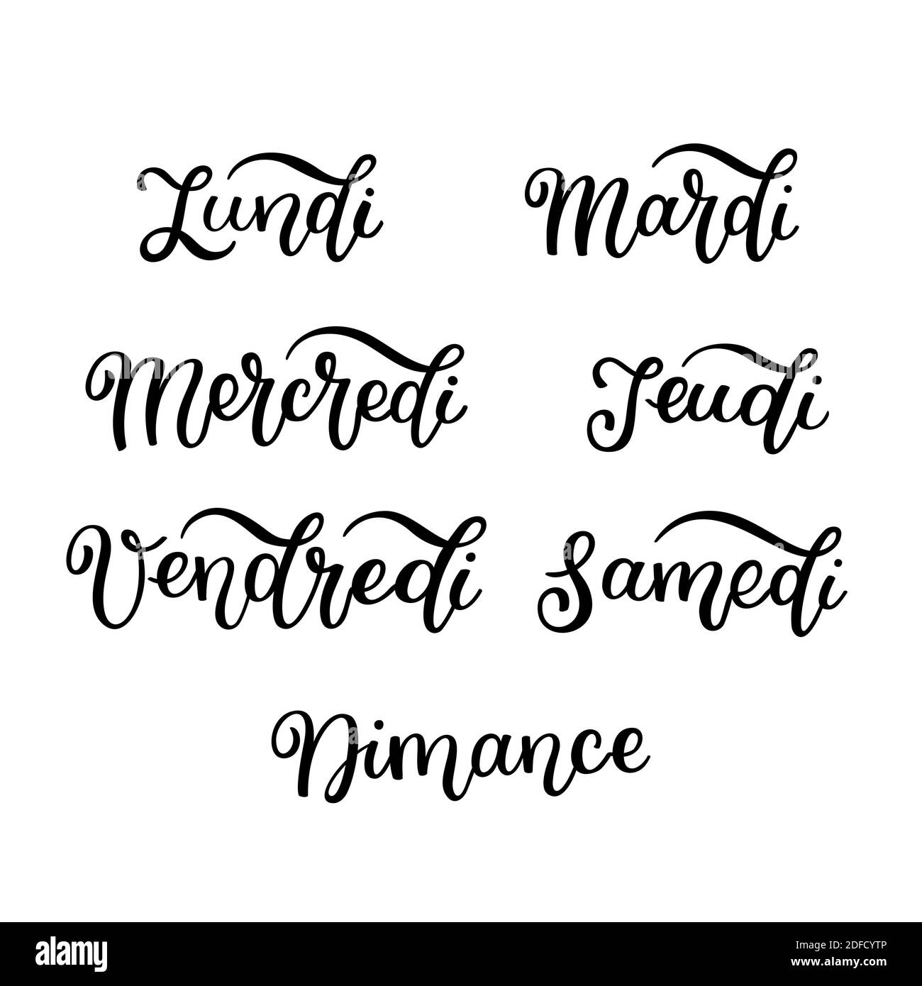 Lettrage en français, jours de la semaine - lundi, mardi, mercredi, jeudi, vendredi, samedi, dimanche. Mots manuscrits pour le calendrier, le plan hebdomadaire ou Illustration de Vecteur