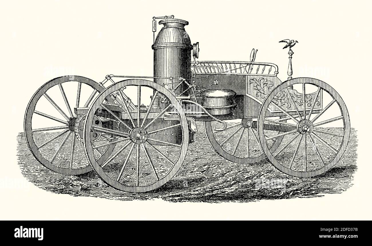 Une ancienne gravure de la machine à vapeur et du chariot combinés de Ware c.1865. Il est issu d'un livre victorien d'ingénierie mécanique des années 1880. Le «Ware Steam Wagon» a été le premier véhicule américain automoteur à être fabriqué pour l'exportation. Elijah Ware, de Bayonne, New Jersey, Etats-Unis, a fabriqué le véhicule entre 1861 et 1867. Contrairement à d'autres véhicules à vapeur de l'époque, il n'était pas nécessaire de les utiliser sur un réseau ferroviaire. Banque D'Images