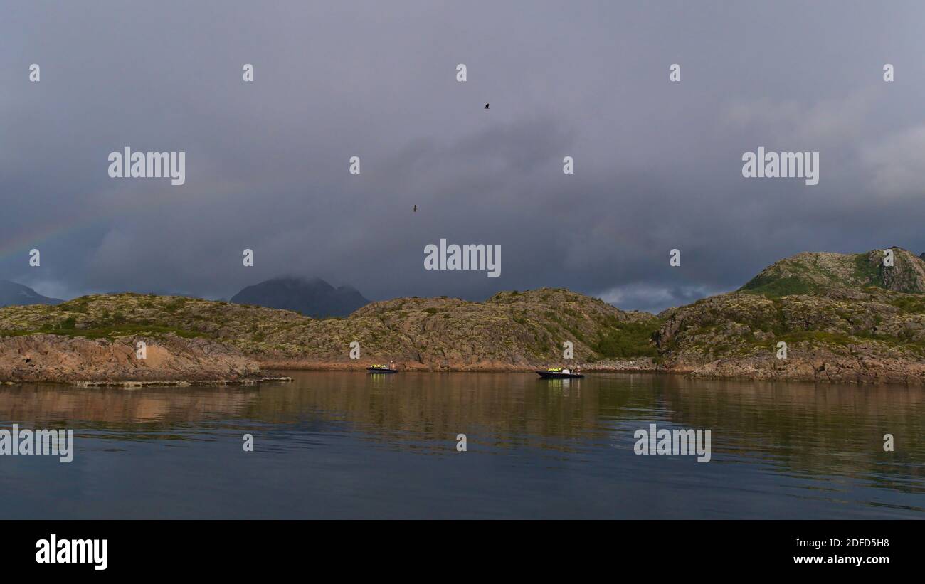 Bateaux-CÔTES avec touristes sur la mer, excursion d'observation de l'aigle sur les rives de l'île d'Austvågøya, Lofoten dans le nord de la Norvège, par jour nuageux à la fin de l'été. Banque D'Images