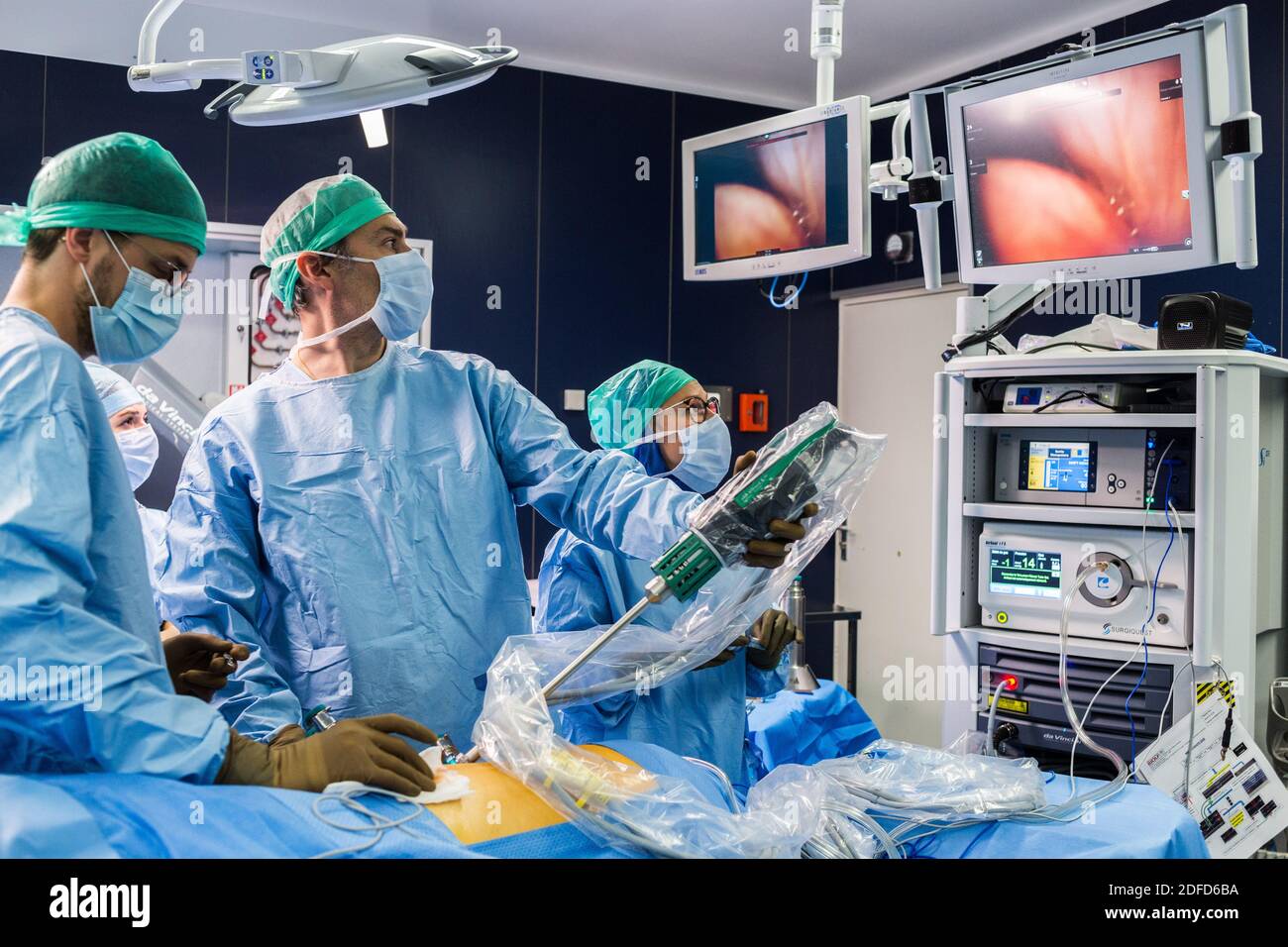 La chirurgie rénale conservatrice robotique guidée par l'image assistée par la modélisation 3D, cette modélisation 3D du rein avec sa tumeur située en violet, guide les s. Banque D'Images