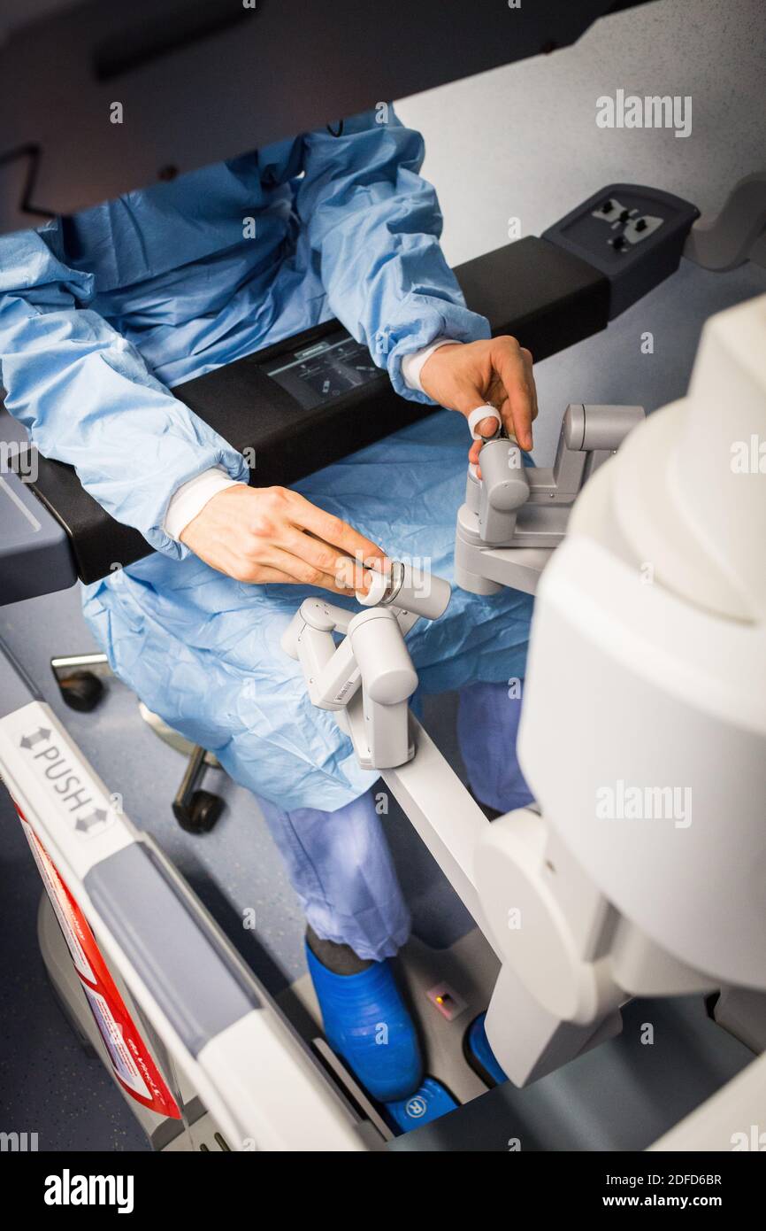 La chirurgie rénale conservatrice robotique guidée par l'image assistée par la modélisation 3D, cette modélisation 3D du rein avec sa tumeur située en violet, guide les s. Banque D'Images