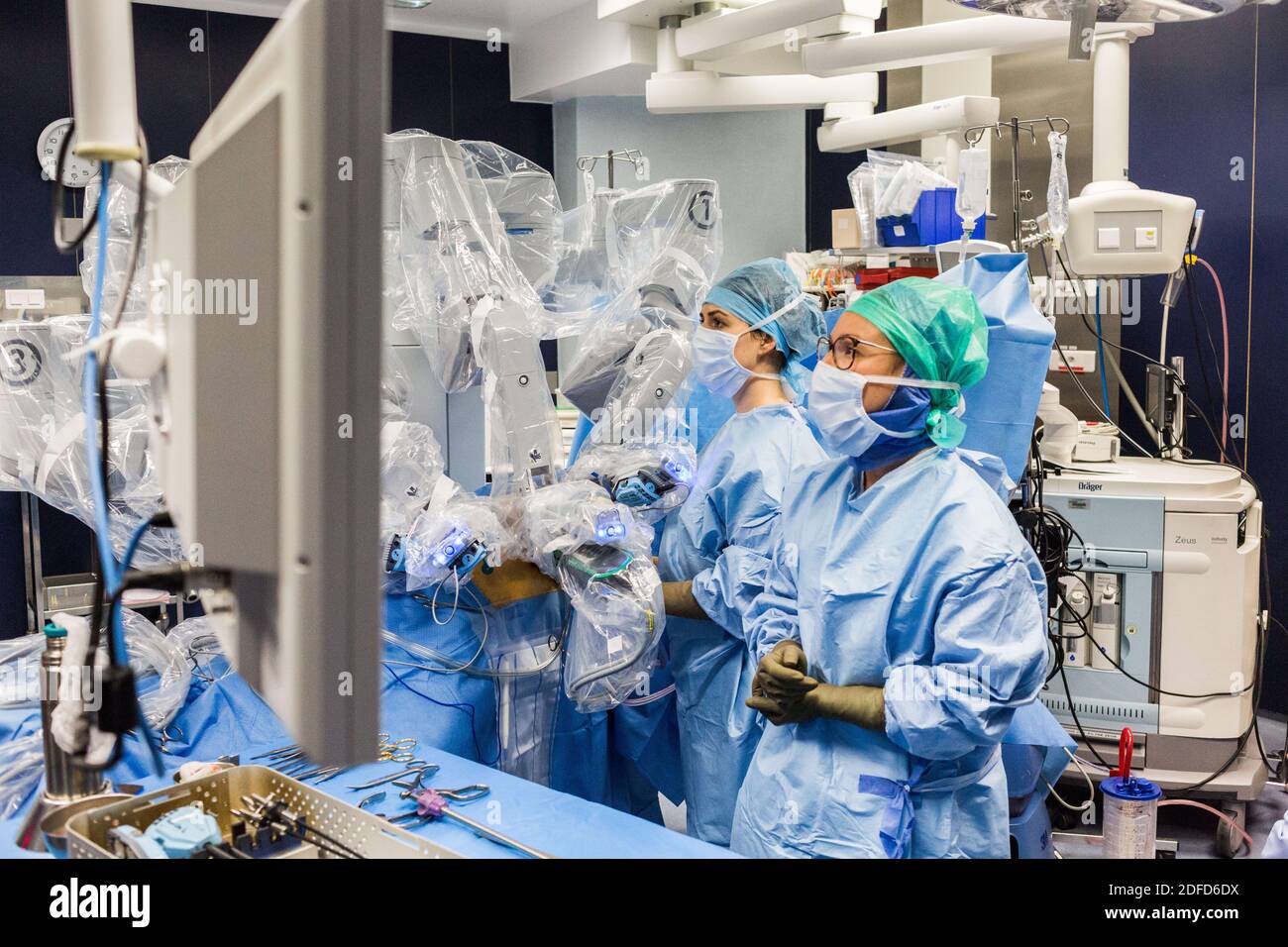 La chirurgie rénale conservatrice robotique guidée par l'image assistée par la modélisation 3D, cette modélisation 3D du rein avec sa tumeur située en violet, guide les s. Banque D'Images