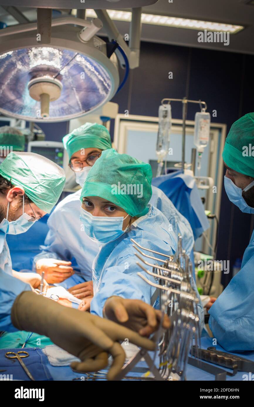 Transplantation d'un rein d'un donneur vivant apparenté, Hôpital de Bordeaux, France. Banque D'Images