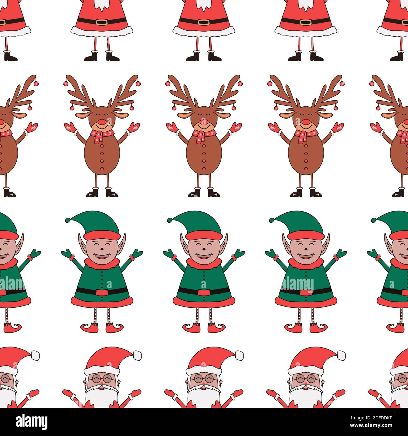 Motif de Noël sans coutures en caractères du Père Noël, de l'Elf et du cerf sur fond blanc. Illustration de Vecteur