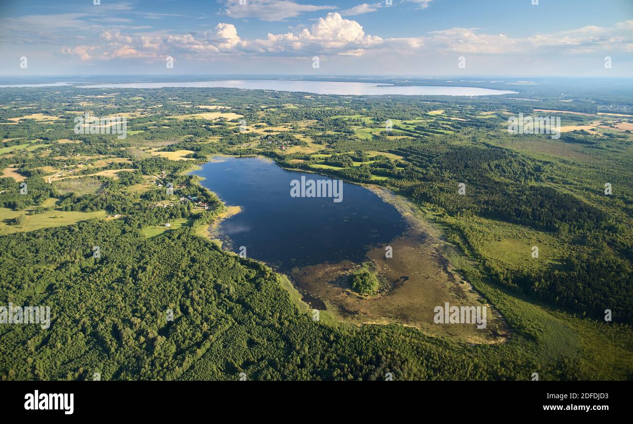 Forêt verte avec lac propre nature arrière-plan vue aérienne de drone Banque D'Images