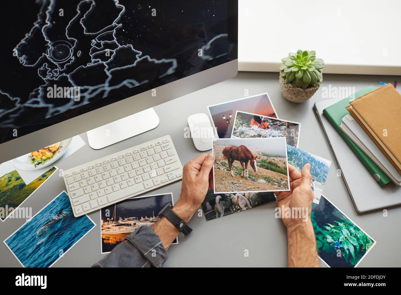 Gros plan d'un designer qui regarde des photos sur son lieu de travail devant le moniteur de l'ordinateur au bureau Banque D'Images