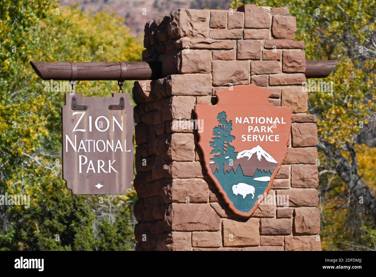 Vue générale de la signalisation du parc national de Zion, le mercredi 11 novembre 2020, à Springdale, Utah. (Dylan Stewart/image du sport) Banque D'Images