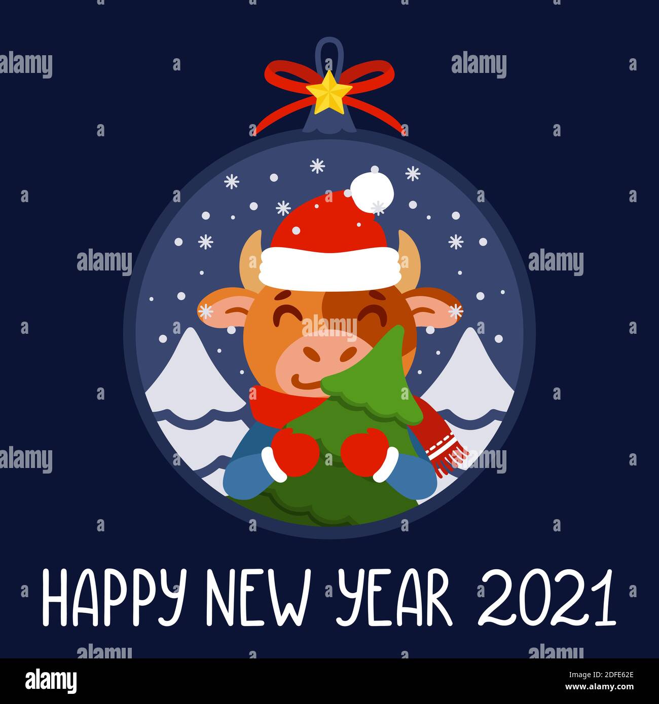 Boule de Noël avec image de taureau avec arbre. Bœuf avec sapin. Symbole du nouvel an chinois 2021. Carte de vœux de Noël, motif poster. Illustrateur de vecteur Illustration de Vecteur