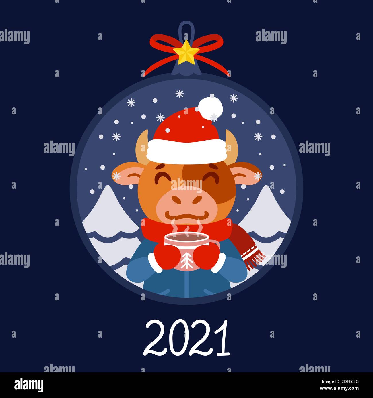 Boule de Noël avec l'image du taureau et du thé de tasse. Boeuf en hiver avec un cacao debout dans la neige. Carte de vœux pour le nouvel an et Noël 2021 Illustration de Vecteur
