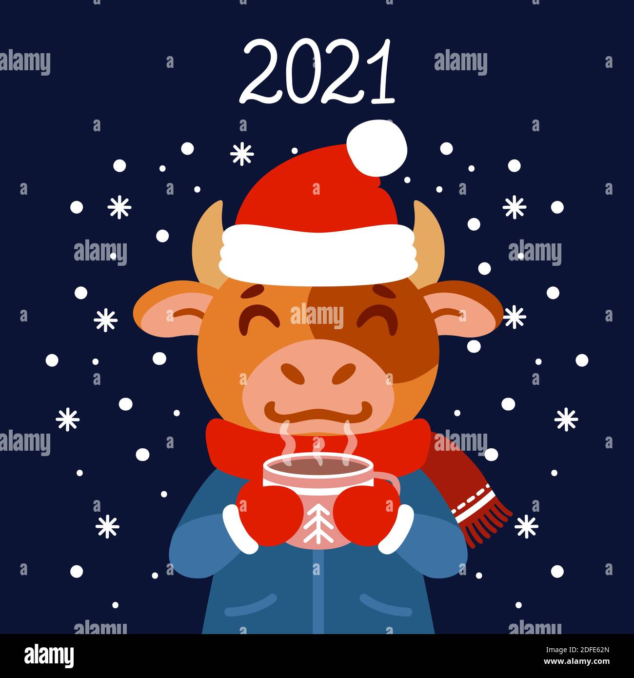 Le taureau avec une tasse de thé en hiver. Boeuf avec un cacao debout dans la neige. Le symbole du nouvel an chinois 2021. Carte de vœux avec une souris pour t Illustration de Vecteur