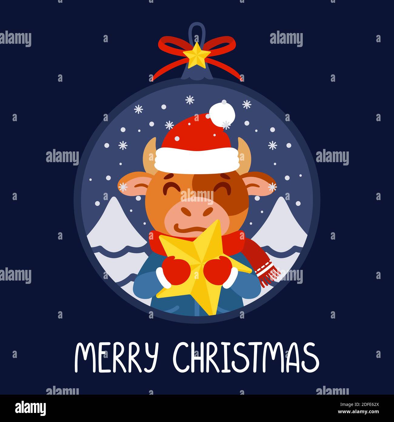 Boule de Noël avec l'image d'un taureau tenant une étoile jaune. Le symbole du nouvel an chinois 2021. Carte de vœux avec ox pour le nouvel an et Chris Illustration de Vecteur