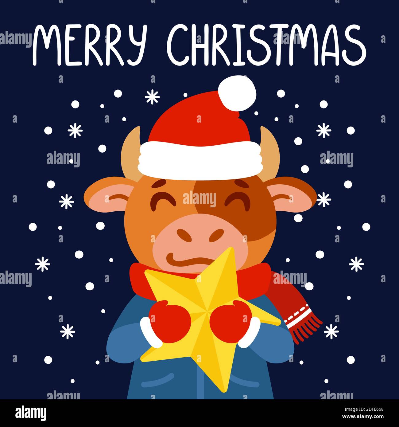 Bull avec une étoile jaune. Symbole OX du nouvel an chinois 2021. Carte de vœux Joyeux Noël, motif poster. Illustration vectorielle avec caractère mignon Illustration de Vecteur
