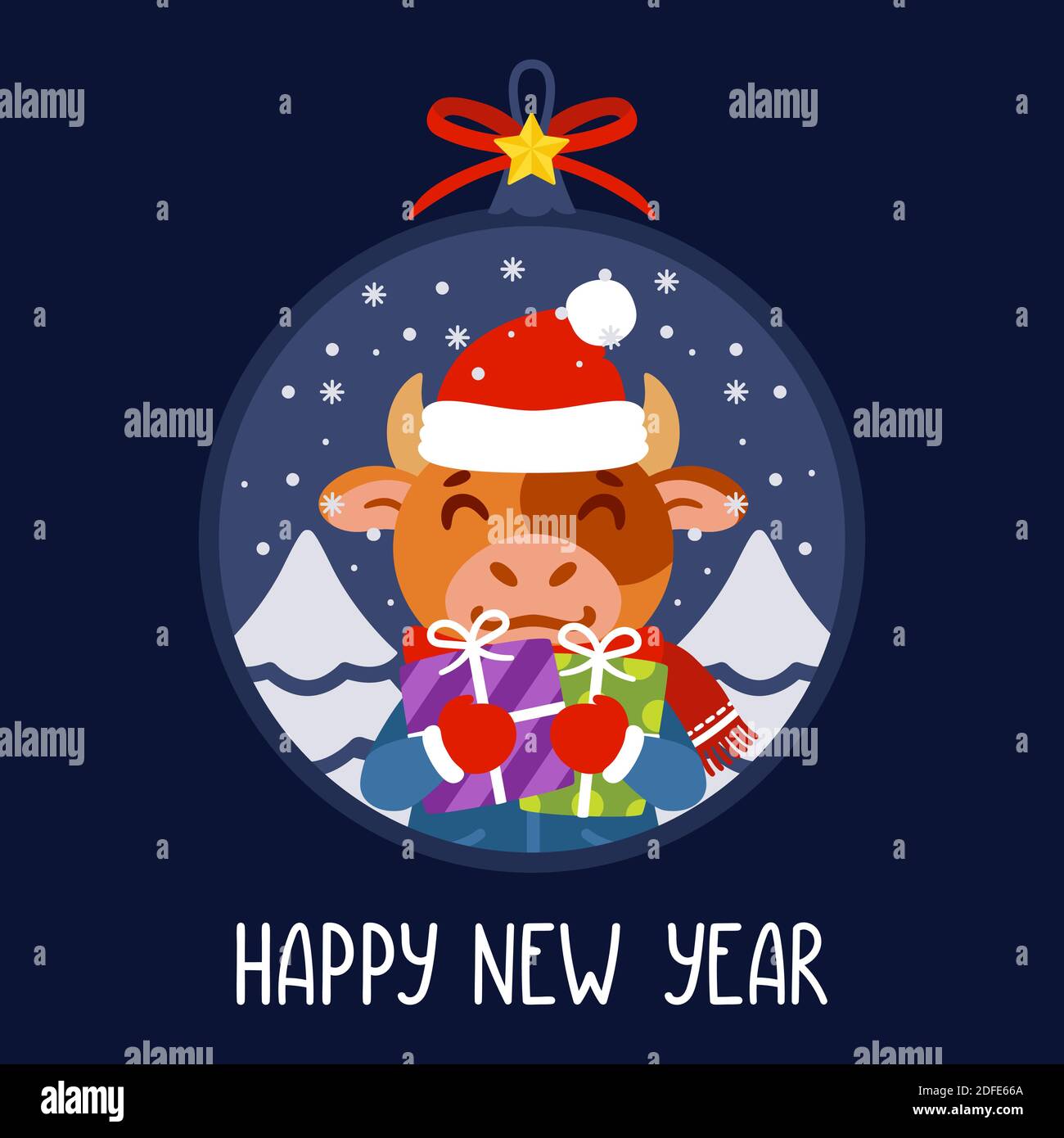 Boule de Noël avec l'image de taureau tenant des cadeaux. Le symbole du nouvel an chinois 2021. Carte de vœux avec un bœuf pour le nouvel an et Noël. Illustration de Vecteur