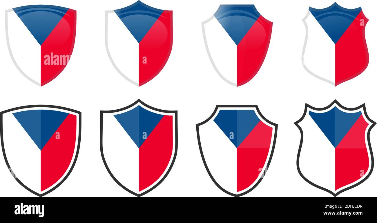Drapeau tchèque vertical en forme de bouclier, quatre versions 3d et simples. Czèchia icône / signe Illustration de Vecteur