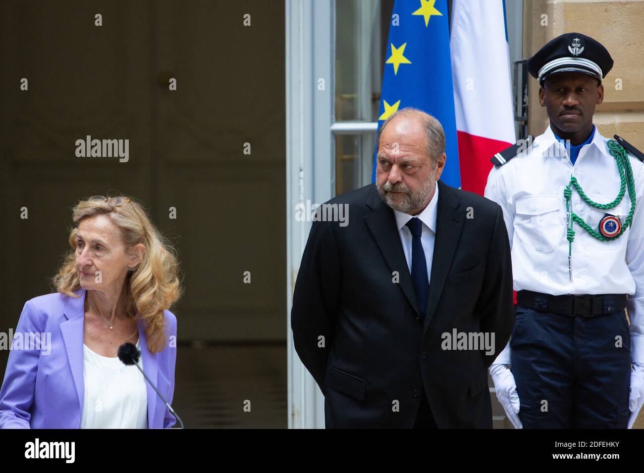 Nicole Belloubet, ministre française de la Justice, et Eric Dupond-Moretti, récemment nommé ministre français de la Justice, lors de la cérémonie de passation de pouvoir au ministère français de la Justice à Paris le 7 juillet 2020, suite à la remise à neuf du cabinet français. Photo de Raphael Lafargue/ABACAPRESS.COM Banque D'Images