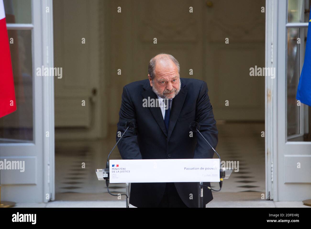 Eric Dupond-Moretti, récemment nommé ministre français de la Justice, prononce un discours lors de la cérémonie de passation de pouvoir au ministère français de la Justice à Paris, le 7 juillet 2020, à la suite du remaniement du cabinet français. Photo de Raphael Lafargue/ABACAPRESS.COM Banque D'Images