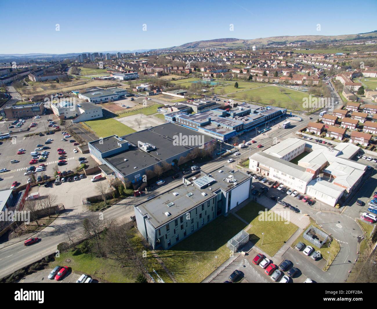 Vue aérienne sur le centre commercial Drumchapelle Banque D'Images