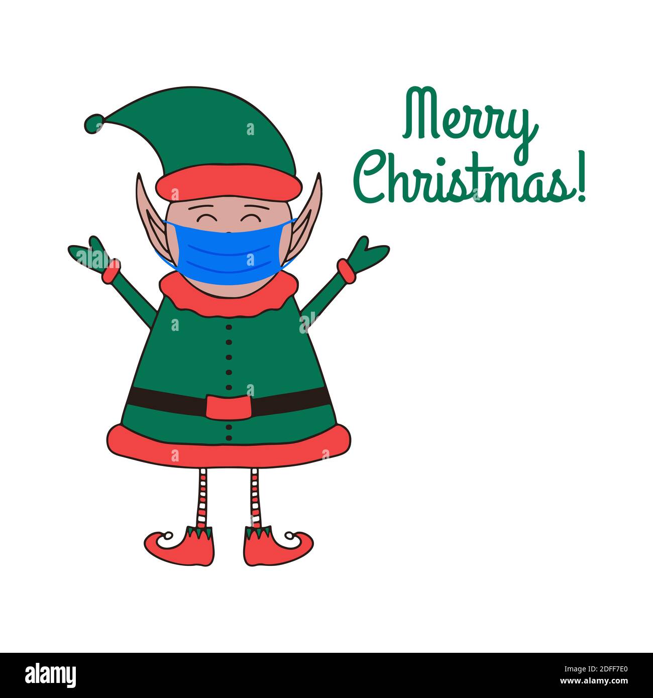 Carte de vœux de Noël avec le joli Père Noël dans un masque médical et un espace publicitaire sur fond blanc. Illustration de Vecteur