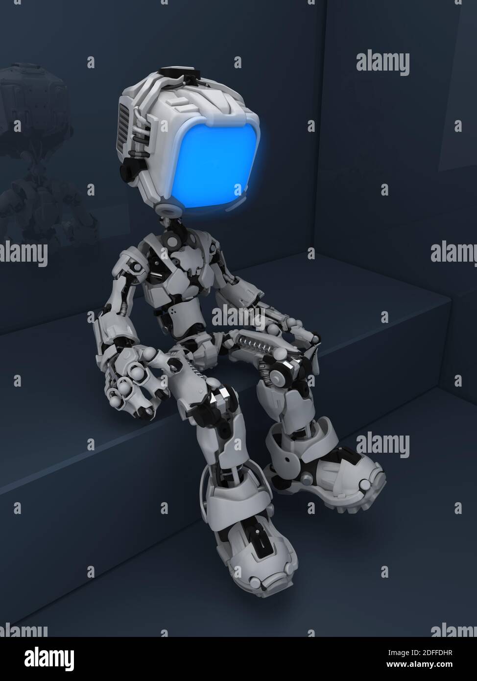 Écran robot figure personnage pose assis avec arrière-plan d'angle sombre, illustration 3d, vertical Banque D'Images