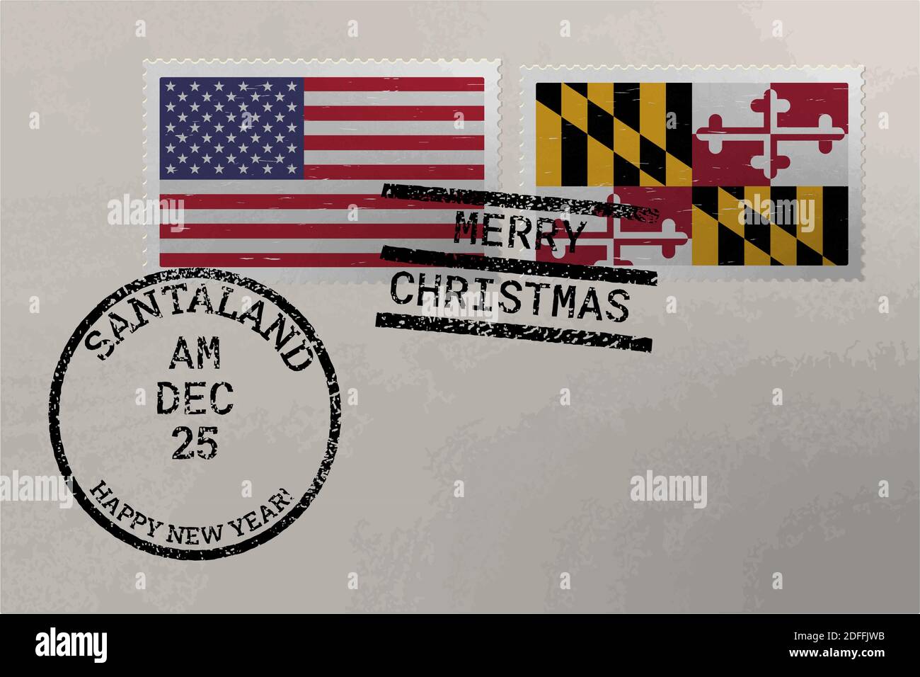 Enveloppe de timbre-poste avec drapeau du Maryland et des États-Unis et timbres de Noël et du nouvel an, vecteur Illustration de Vecteur