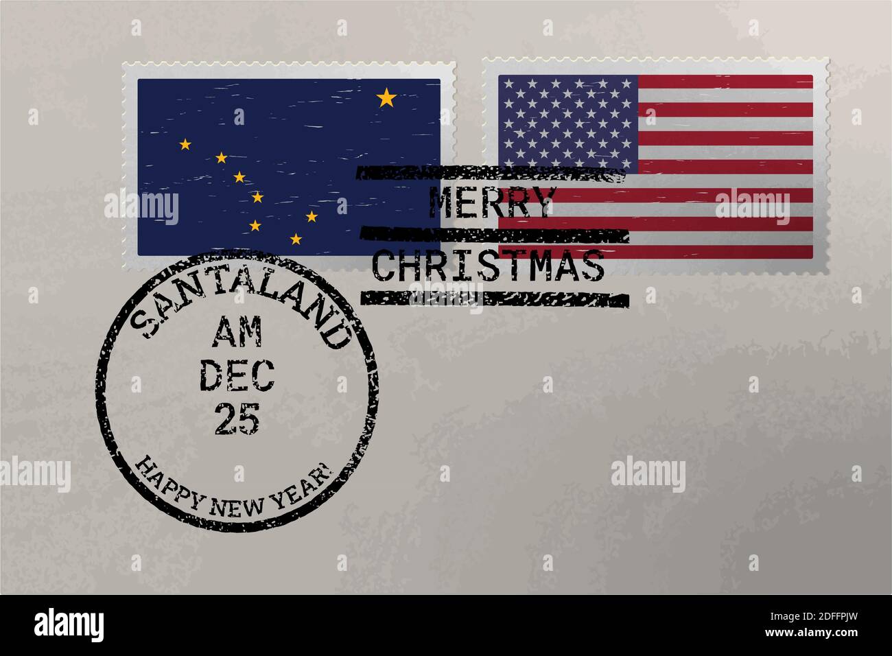 Enveloppe de timbre-poste avec drapeau de l'Alaska et des États-Unis et timbres de Noël et du nouvel an, vecteur Illustration de Vecteur