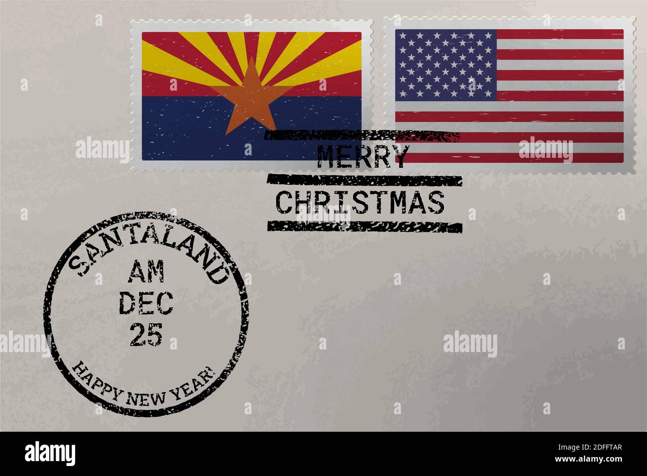 Enveloppe de timbre-poste avec drapeau de l'Arizona et des États-Unis et timbres de Noël et du nouvel an, vecteur Illustration de Vecteur