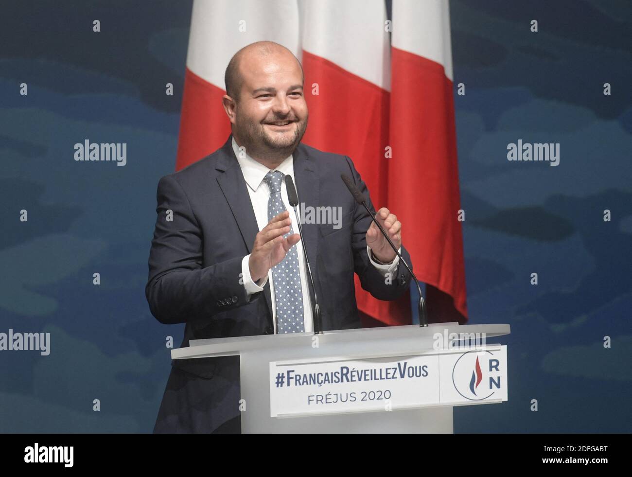 Parti d'extrême-droite RN le maire de Fréjus, David Rachline, prononce le discours d'ouverture de la première réunion publique du parti après la pause estivale, le 6 septembre 2020 à Fréjus, dans le sud-est de la France. Photo de François Pauletto/avenir photos/ABACAPRESS.COM Banque D'Images