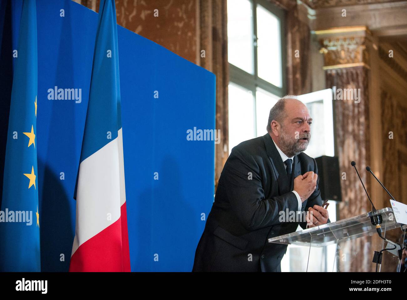 Le ministre français de la Justice, Eric Dupond-Moretti, parle lors d'une conférence de presse de la présentation du budget 2021 du ministre de la Justice, à Paris, en France, le 29 septembre 2020. Photo de Julie Sebadelha/ABACAPRESS.COM Banque D'Images