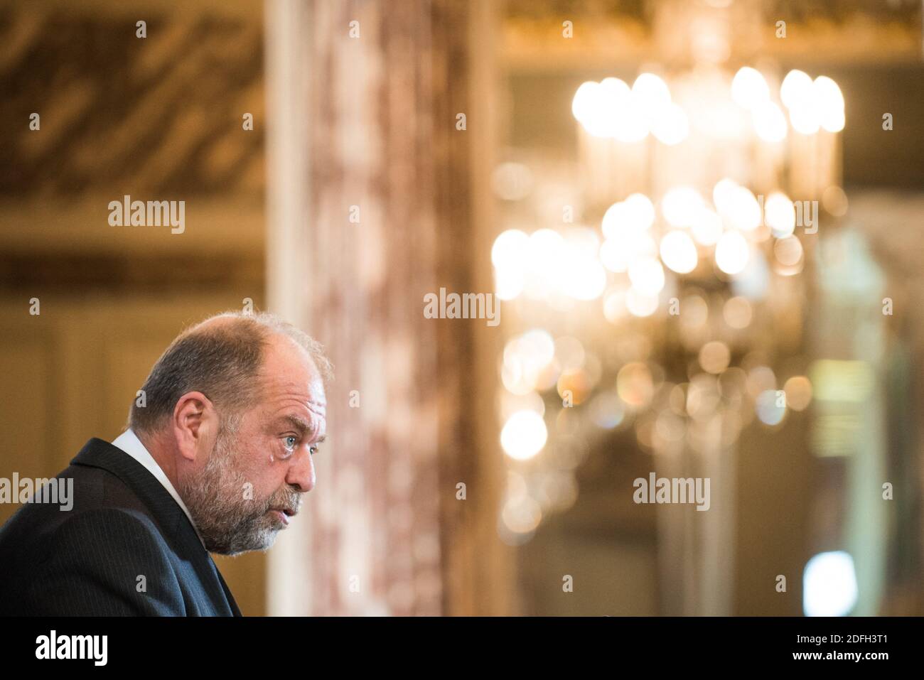 Le ministre français de la Justice, Eric Dupond-Moretti, parle lors d'une conférence de presse de la présentation du budget 2021 du ministre de la Justice, à Paris, en France, le 29 septembre 2020. Photo de Julie Sebadelha/ABACAPRESS.COM Banque D'Images