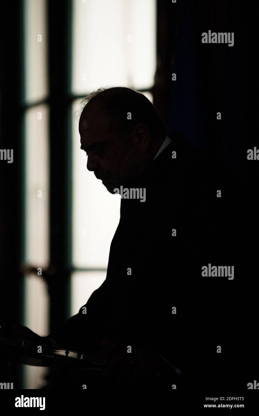 Le ministre français de la Justice, Eric Dupond-Moretti, parle lors d'une conférence de presse de la présentation du budget 2021 du ministre de la Justice, à Paris, en France, le 29 septembre 2020. Photo de Julie Sebadelha/ABACAPRESS.COM Banque D'Images
