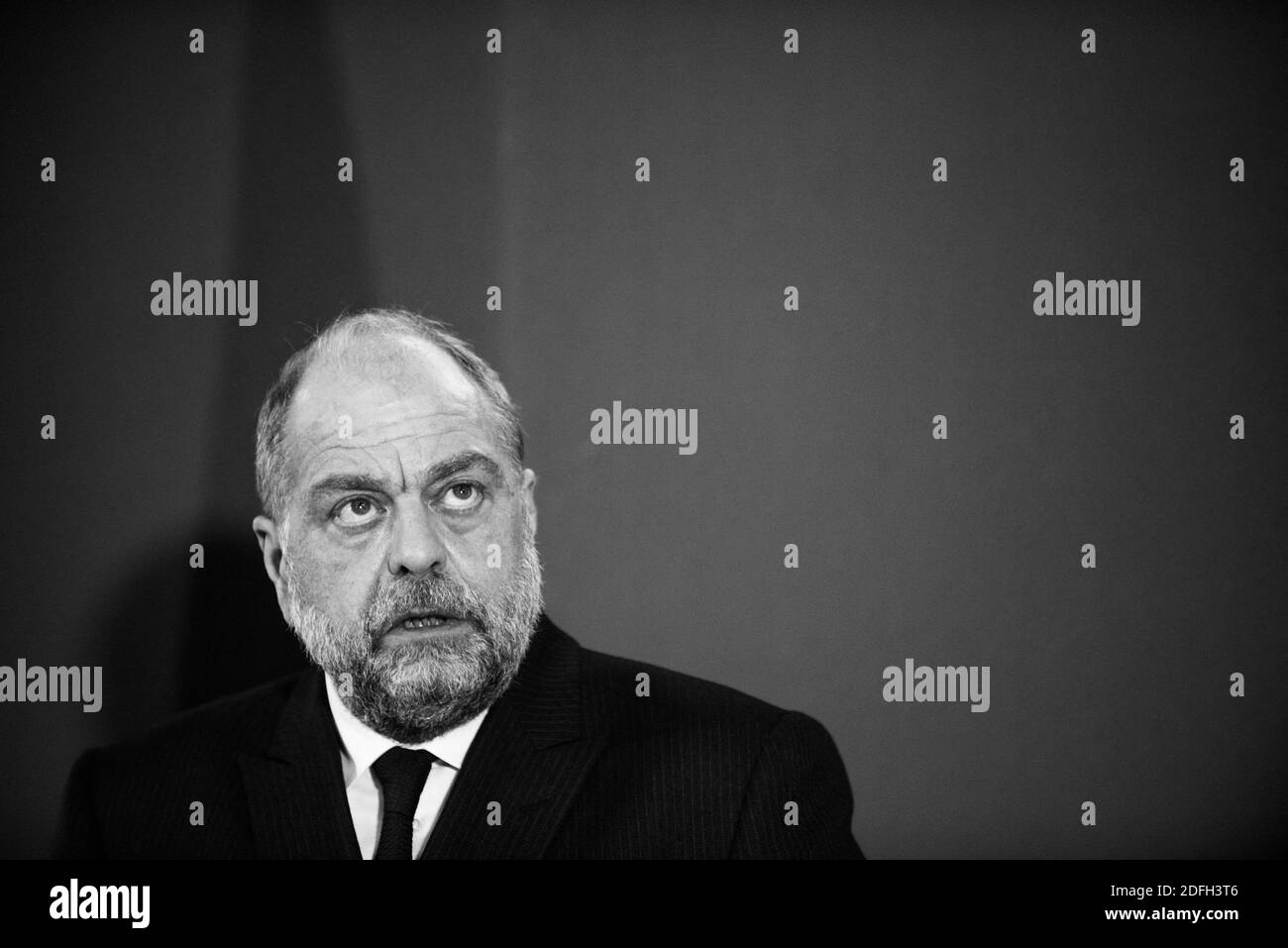 Le ministre français de la Justice, Eric Dupond-Moretti, parle lors d'une conférence de presse de la présentation du budget 2021 du ministre de la Justice, à Paris, en France, le 29 septembre 2020. Photo de Julie Sebadelha/ABACAPRESS.COM Banque D'Images